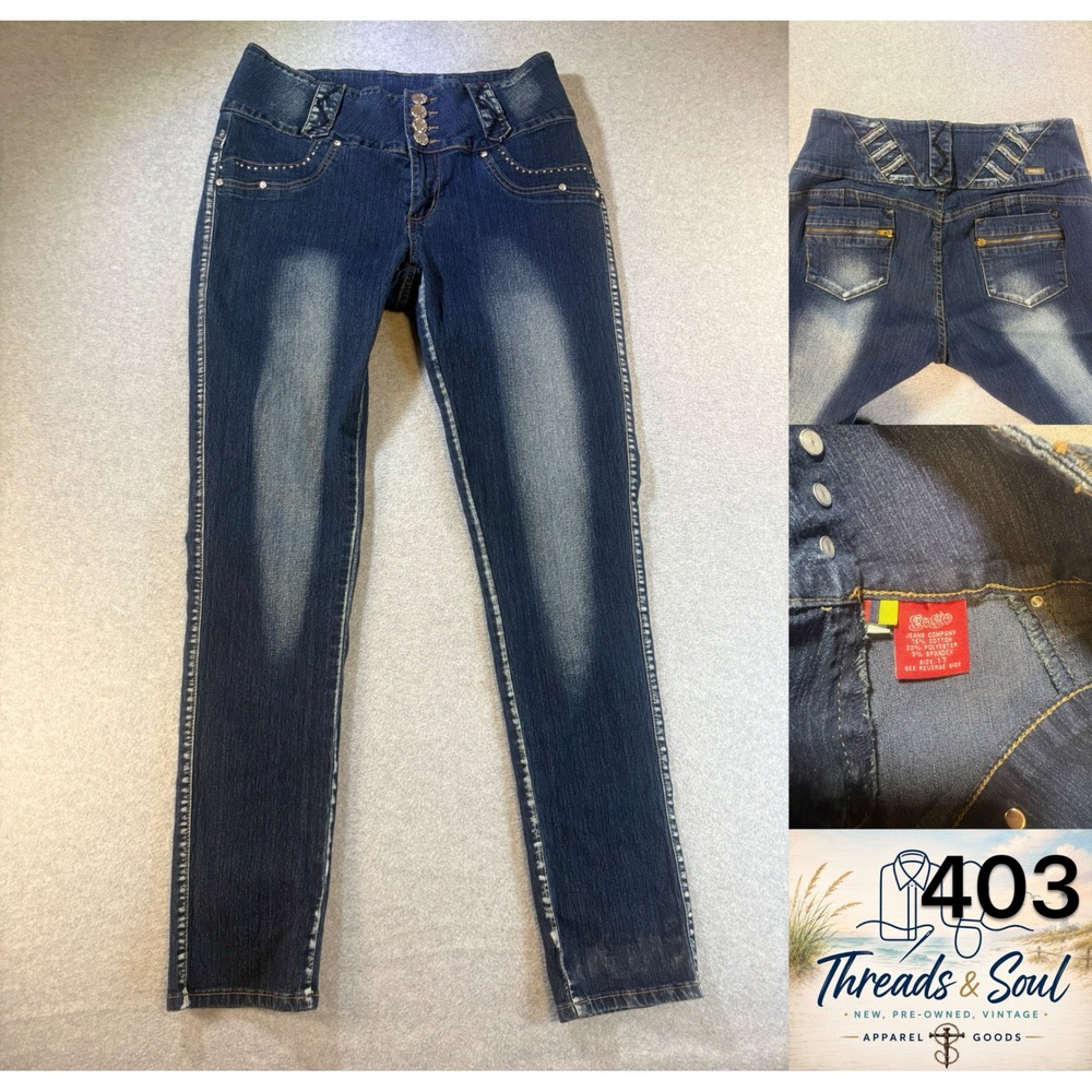 Gogo Star Women Dark Wash High Waisted Rhinestone Button Skinny Jeans Size 17